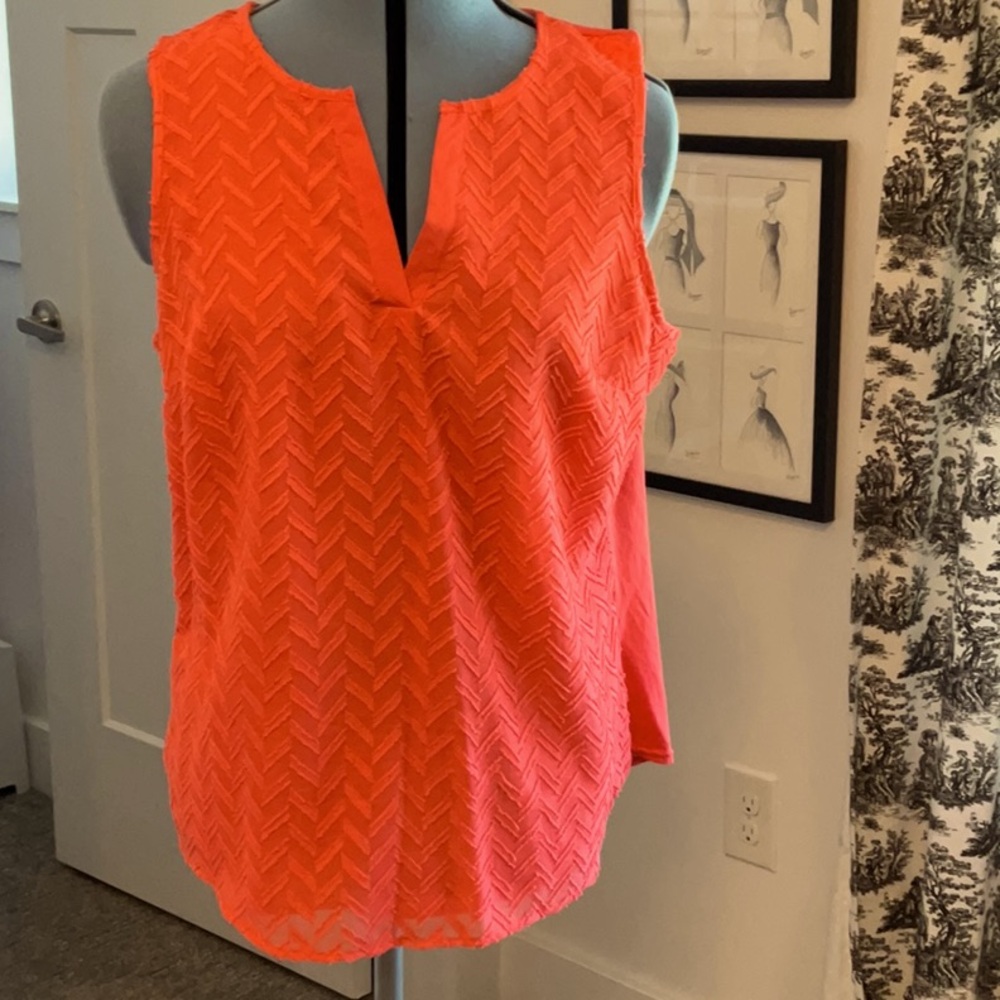 Coral herringbone overlay sleeveless top with placket